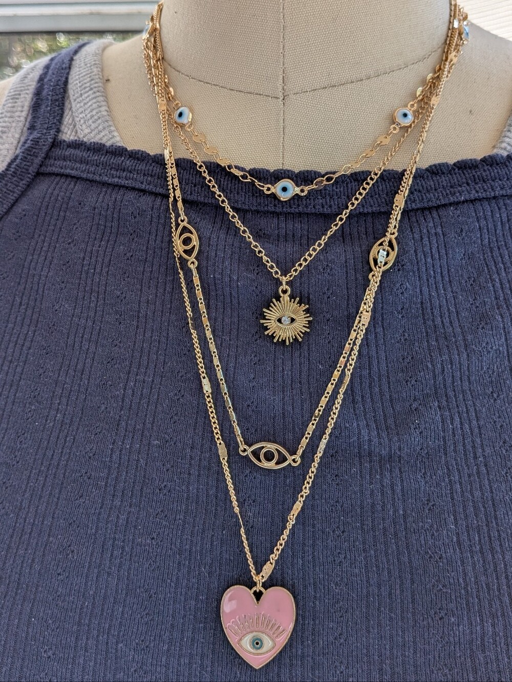 Lot of 4 Evil Eye Necklaces Gold Tone Pink Heart Sunburst Layering Set